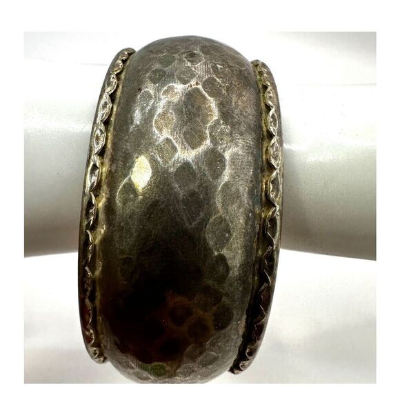 Silver tone hammered wide bangle bracelet - Picture 8 of 9